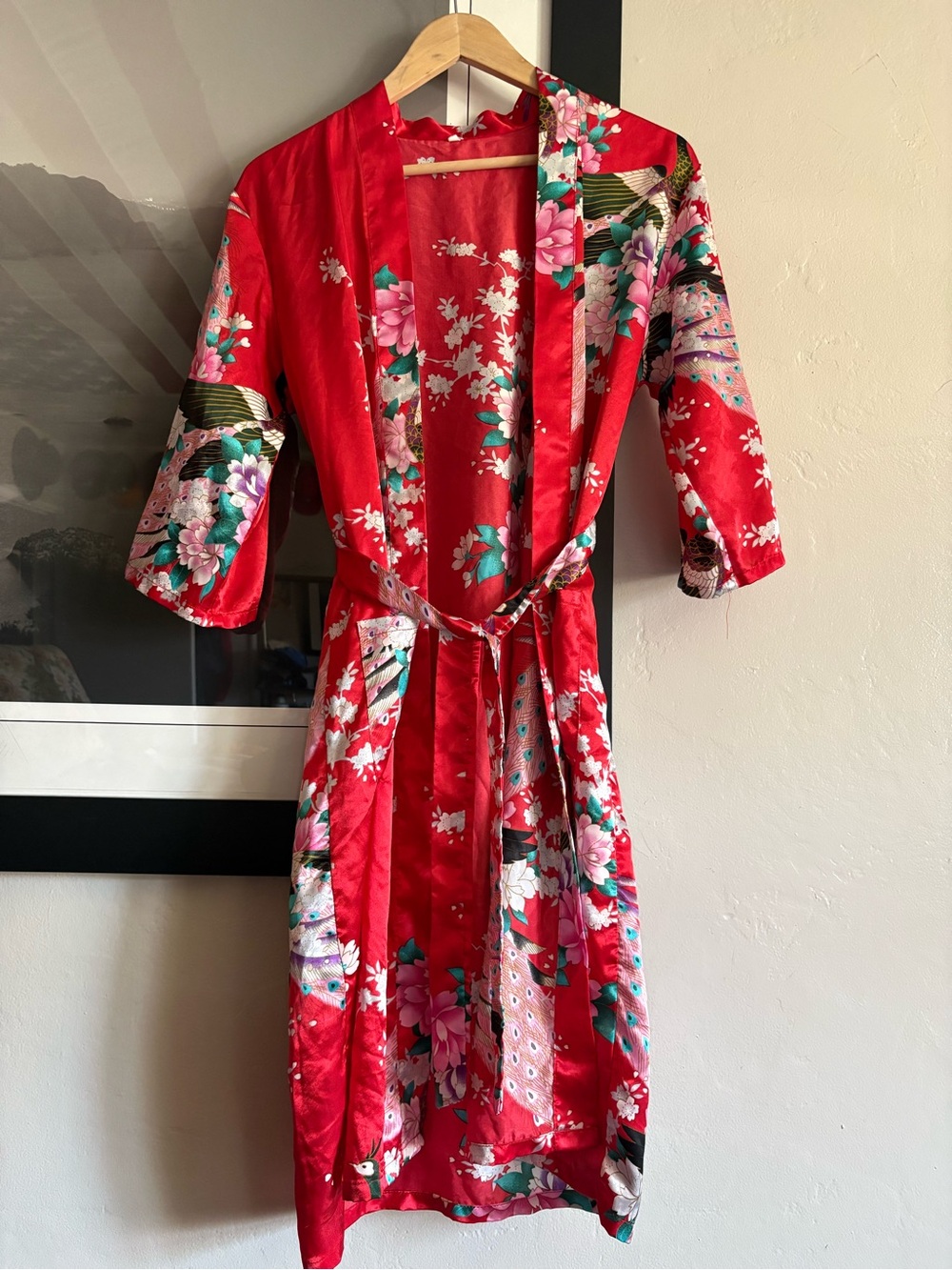 Red Satin Floral Kimono-Style Robe